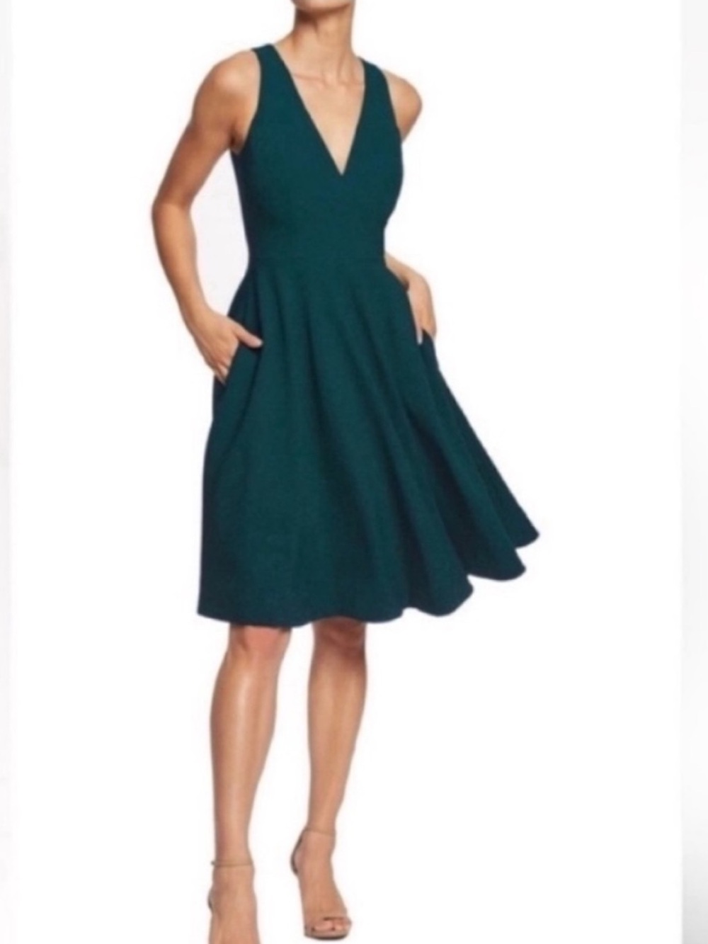 Dress the Population Catalina Deep Green V-Neck Fit-and-Flare Dress Sz XXL